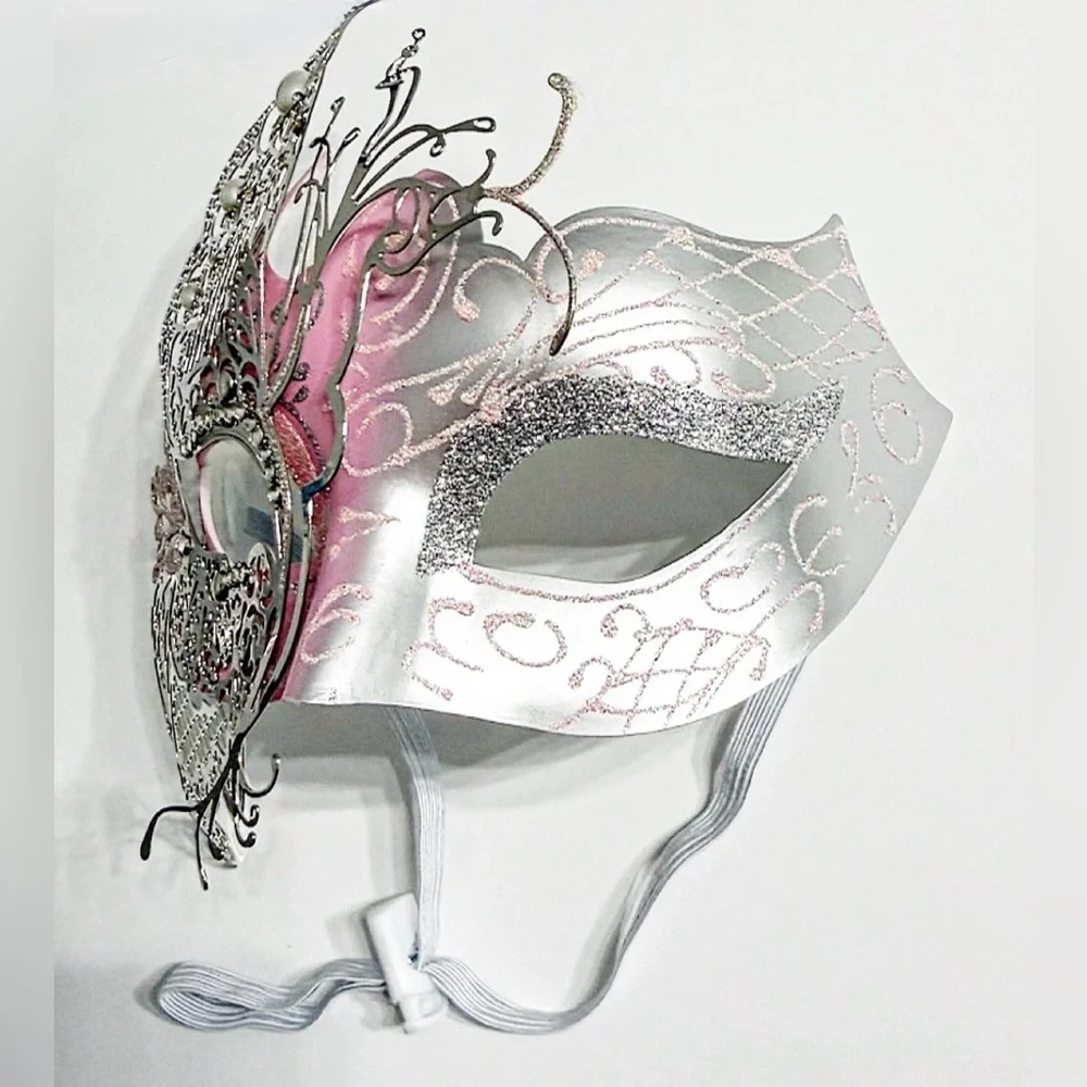 Venetian Masquerade Mask Pink Silver Filigree Rhinestone Mardi Gras